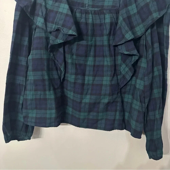 J. Crew Women's Long Sleeve Navy/Green Flannel Square Neck Ruffle Top Size M NWT - Picture 4 of 9